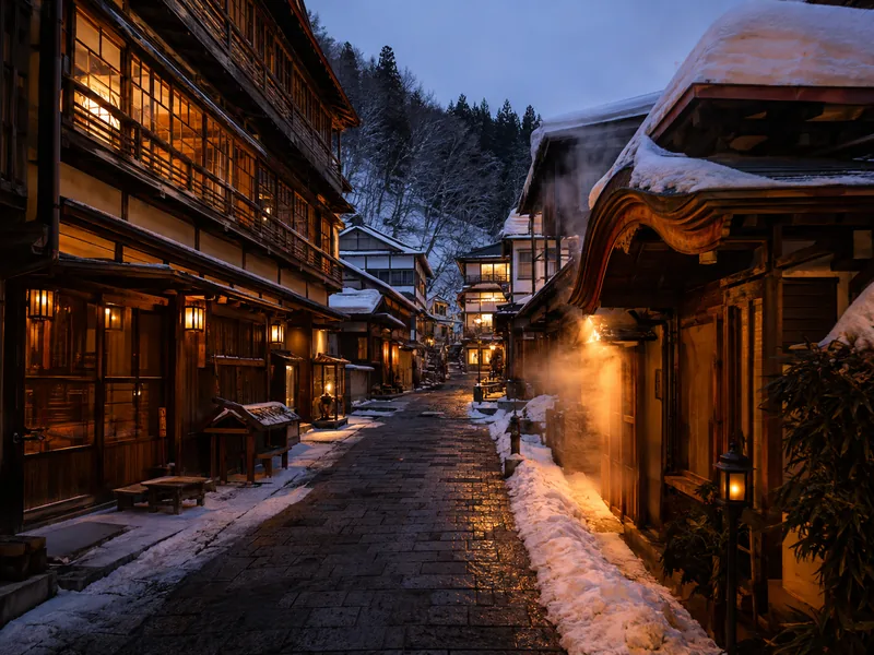 Wooden ryokan along the street in Shibu Onsen